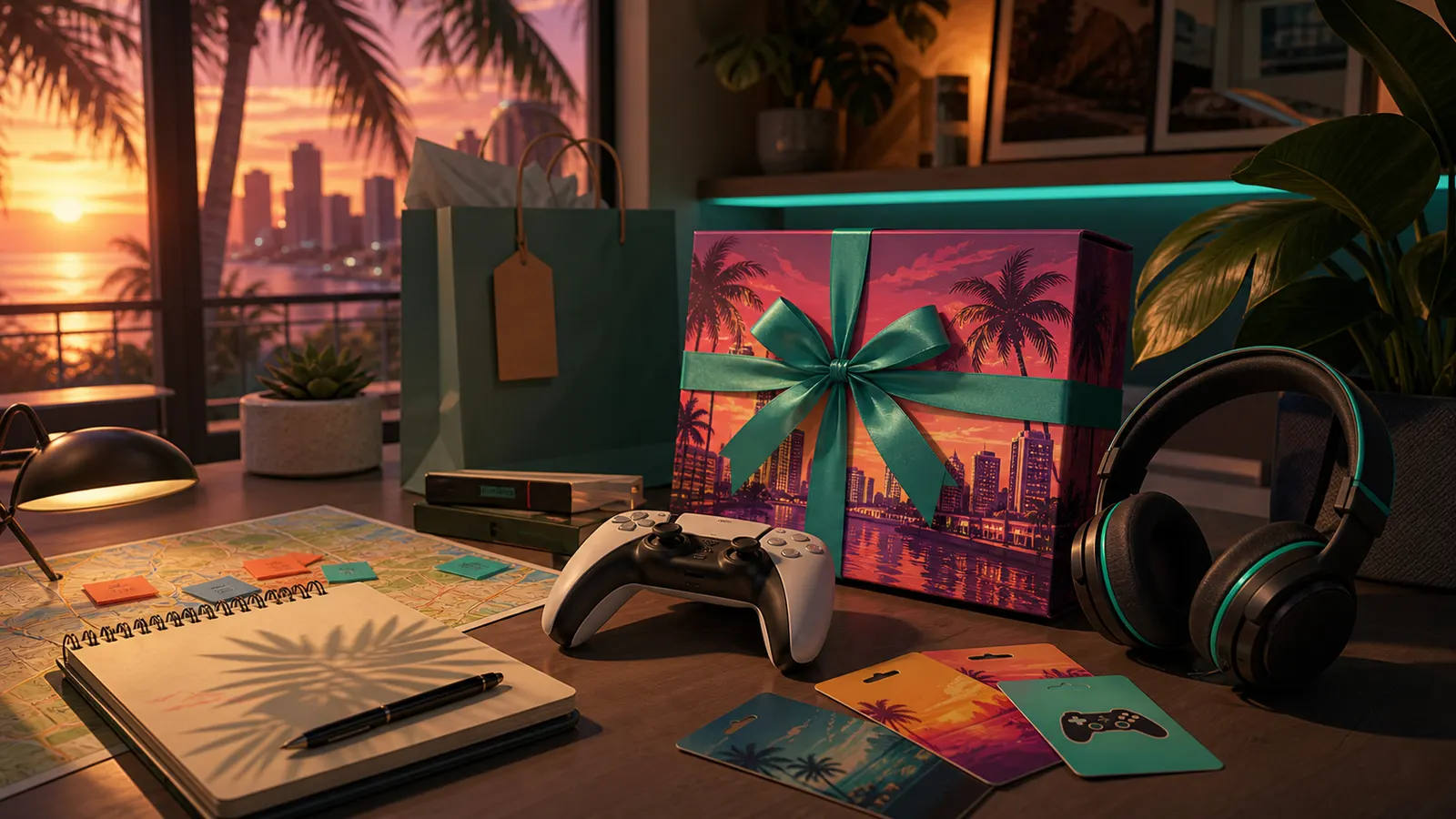 GTA 6 edition comparison desk with game packaging and controller